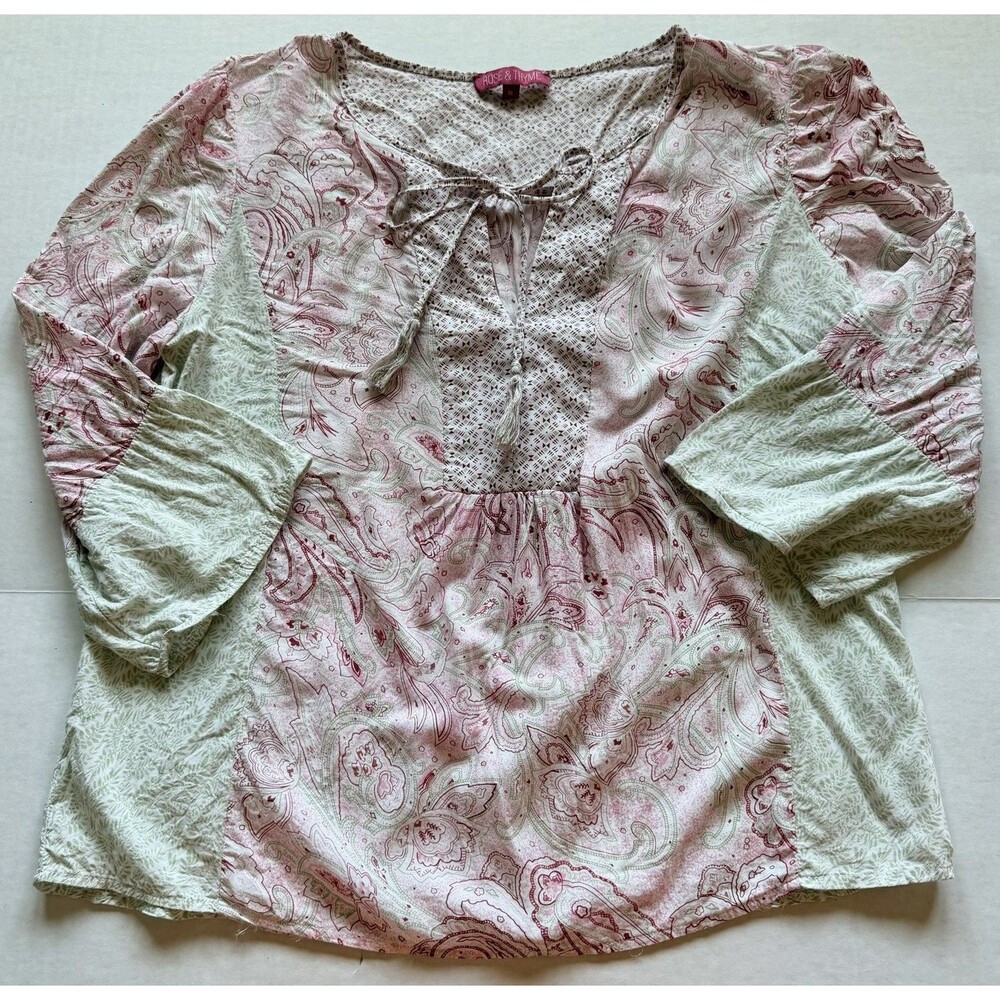 Rose & Thyme Women's XL Boho Peasant Top Green Pink Paisley Bell Sleeves 3/4